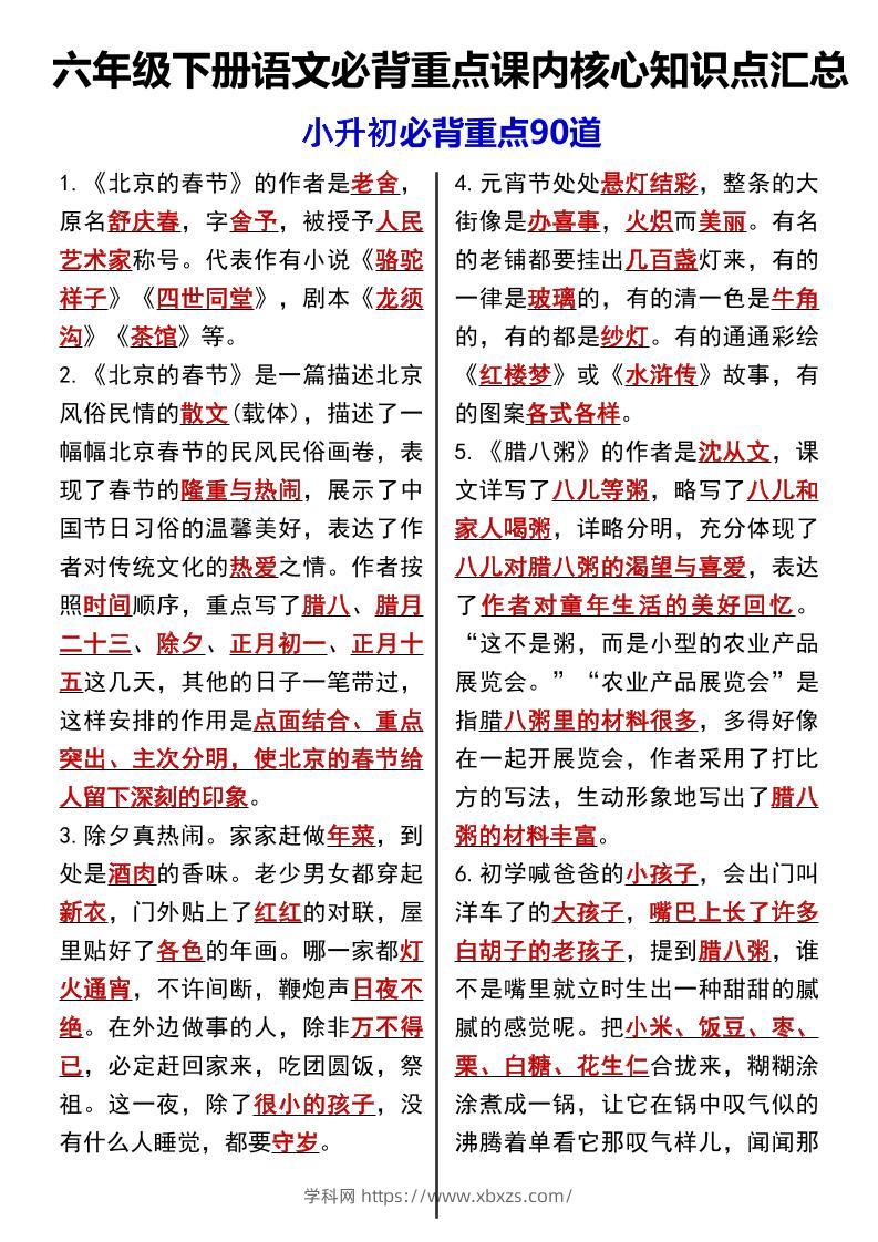 六年级下语文课内必背重点90道-学霸小助手