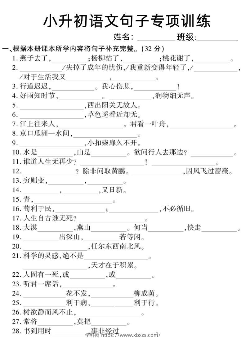 六下小升初语文句子专项训练-学霸小助手